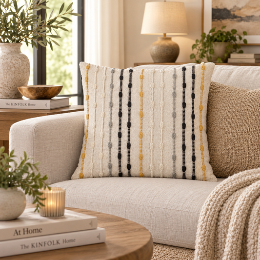 Housse de coussin Maïra mise en scène sur un canapé clair dans un intérieur chaleureux aux tons naturels.