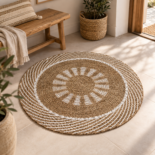 Tapis rond Soléa en fibres naturelles installé dans un intérieur chaleureux aux tons beige et bois.