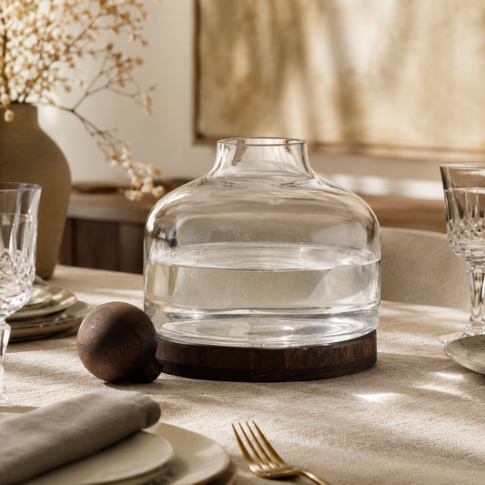 Carafe Liora Amplitude en verre et bois foncé mise en scène sur une table dans un intérieur chaleureux