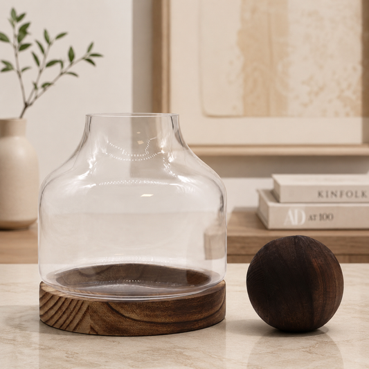 Carafe Liora Équilibre en verre et bois foncé avec bouchon retiré, présentée dans une mise en scène décorative chaleureuse.