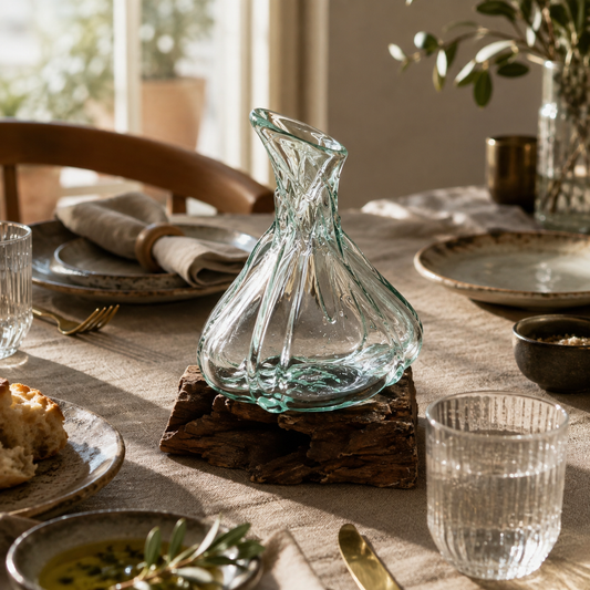 Carafe Naïa en verre soufflé sur bois mise en scène sur une table décorée