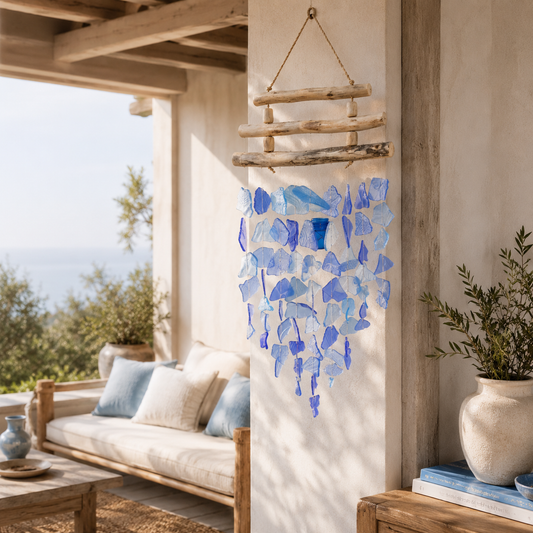 Carillon Azura en verre recyclé bleu et bois flotté suspendu près d’une fenêtre dans une ambiance douce et lumineuse.