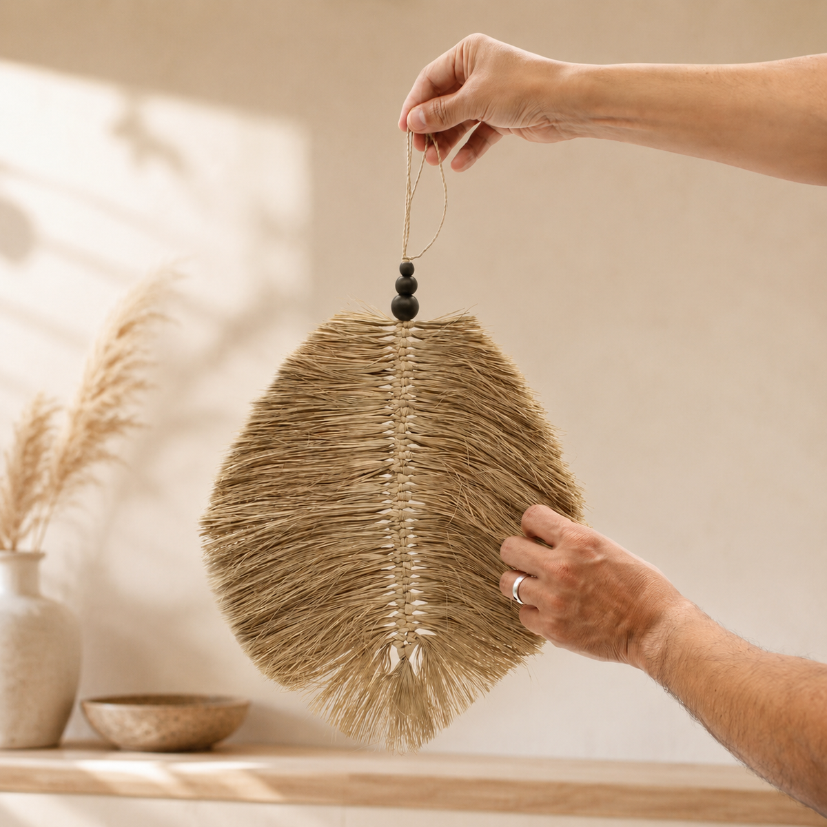 Feuille décorative murale Aïna en raphia tenue à la main pour montrer ses dimensions