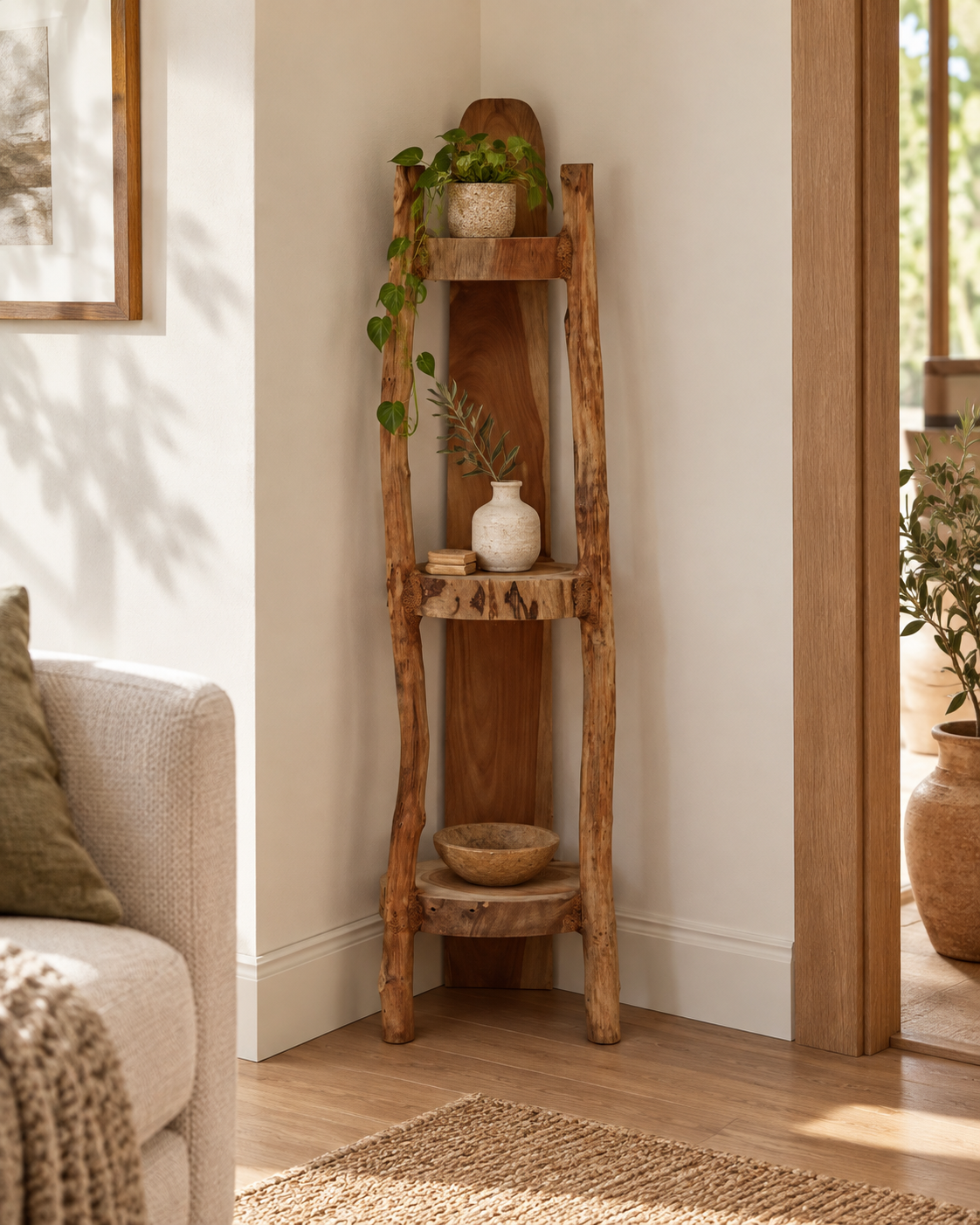 Étagère d’angle Yséa aménagée dans un coin de salon avec objets décoratifs et ambiance naturelle.