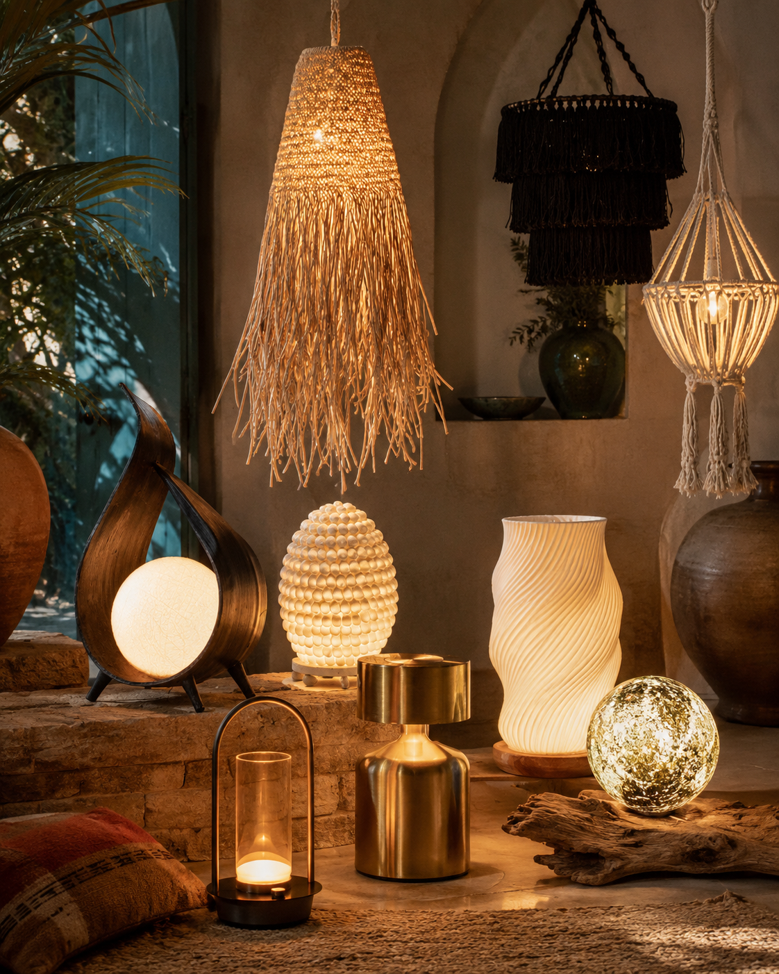Sélection de luminaires décoratifs en fibres naturelles et matières texturées dans une ambiance chaleureuse et tamisée