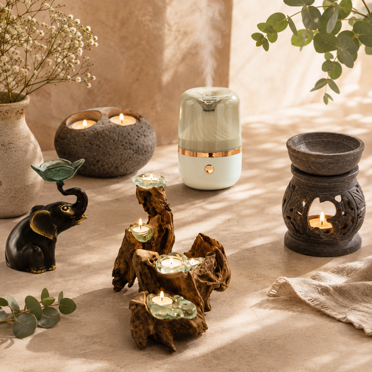 Bougies, diffuseur de parfum et brûle-parfum dans une ambiance cocooning aux matières naturelles