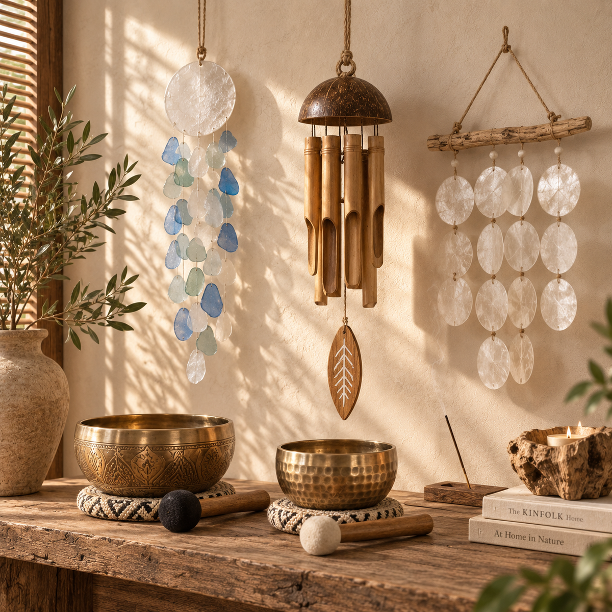 Carillons décoratifs et bols chantants en métal dans une ambiance naturelle, apaisante et chaleureuse