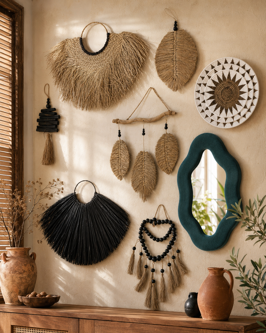 Décoration murale bohème en fibres naturelles, miroir organique et suspensions artisanales dans un intérieur chaleureux