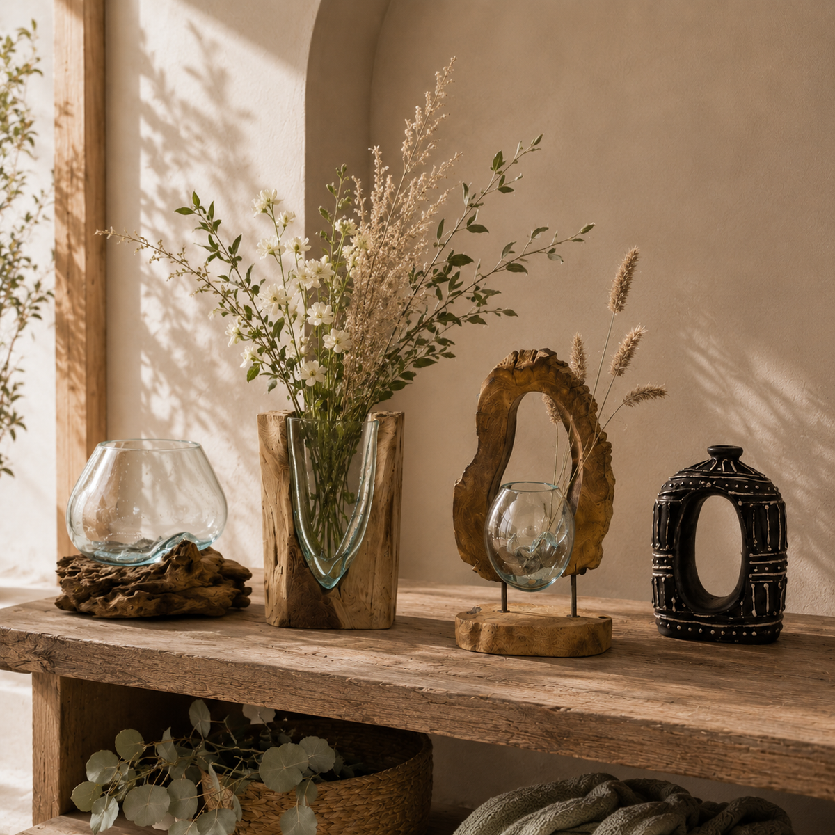 Vases et contenants décoratifs en verre et bois naturel avec fleurs dans une ambiance bohème chaleureuse