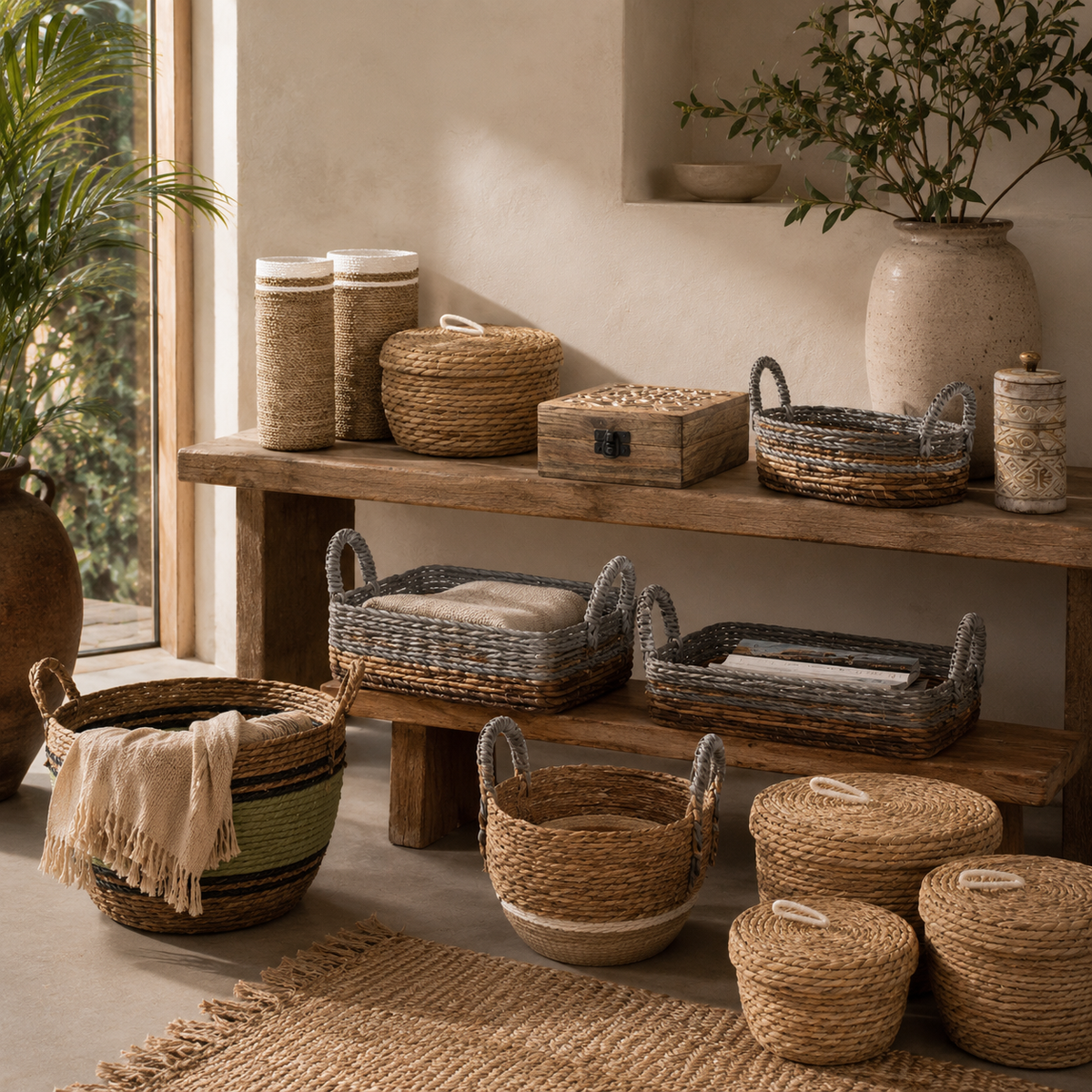 Paniers et rangements tressés en fibres naturelles disposés dans un intérieur chaleureux aux tons beige et bois