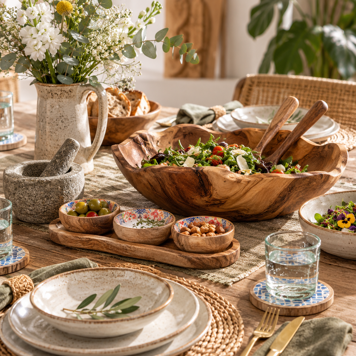 Art de la table chaleureux avec vaisselle, saladier en bois, petits bols décoratifs et accessoires de table naturels