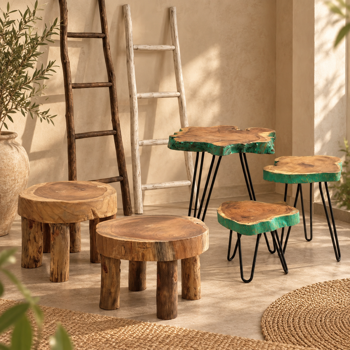 Petit mobilier en bois naturel avec tabourets, tables d’appoint et échelles décoratives dans un intérieur chaleureux