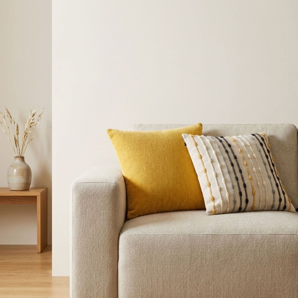 Housse de coussin Maïra associée à un coussin moutarde dans un salon lumineux, pour illustrer son mélange de tons écru, jaune, gris et noir.