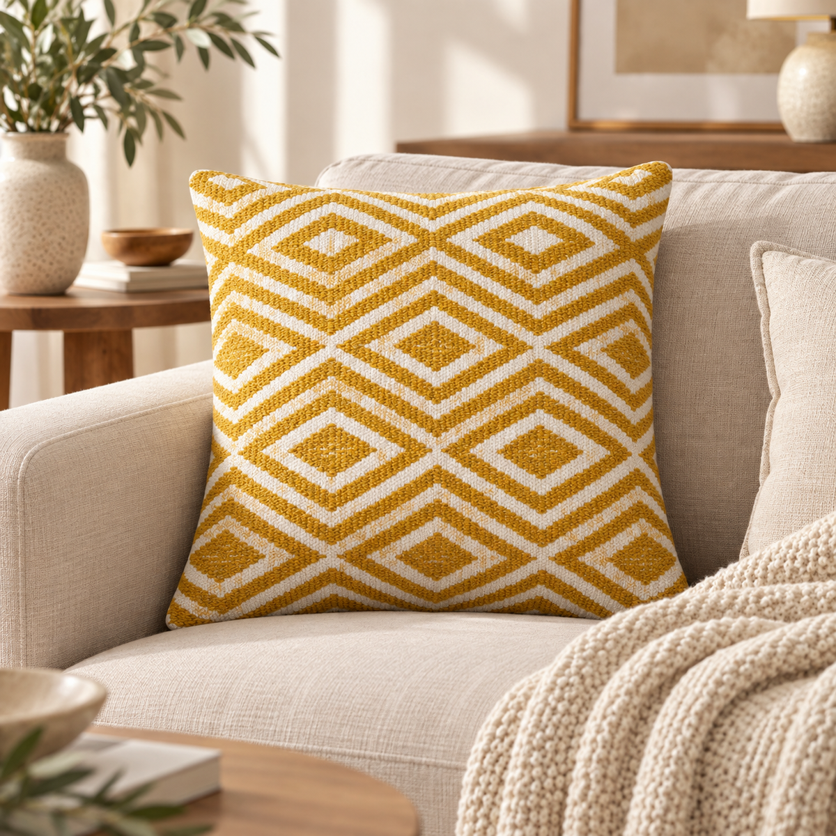 Housse de coussin Naëla à motifs losanges moutarde et écru mise en scène dans un intérieur chaleureux aux matières naturelles.