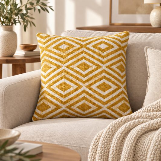 Housse de coussin Naëla à motifs losanges moutarde et écru mise en scène dans un intérieur chaleureux aux matières naturelles.