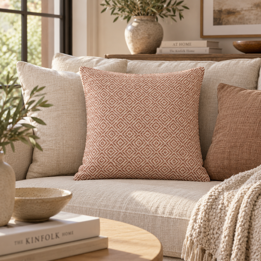 Housse de coussin Naëla terracotta mise en scène sur un canapé clair dans un intérieur chaleureux aux tons naturels.