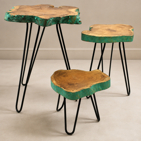 Trio de porte-plantes Oréa en bois Gamal vert patiné avec pieds en métal noir