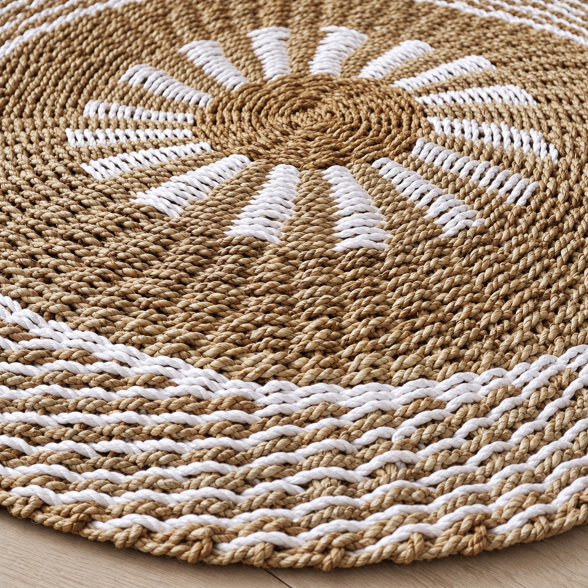 Gros plan sur le tressage en jonc de mer et le motif écru du tapis rond Soléa.