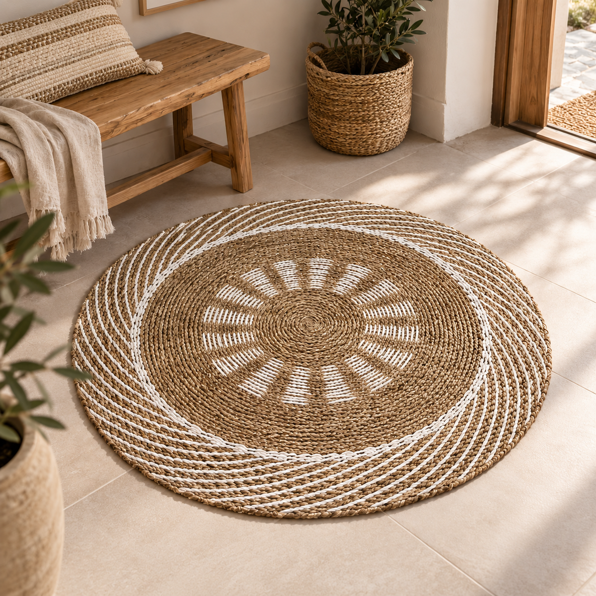 Tapis rond Soléa en fibres naturelles installé dans un intérieur chaleureux aux tons beige et bois.