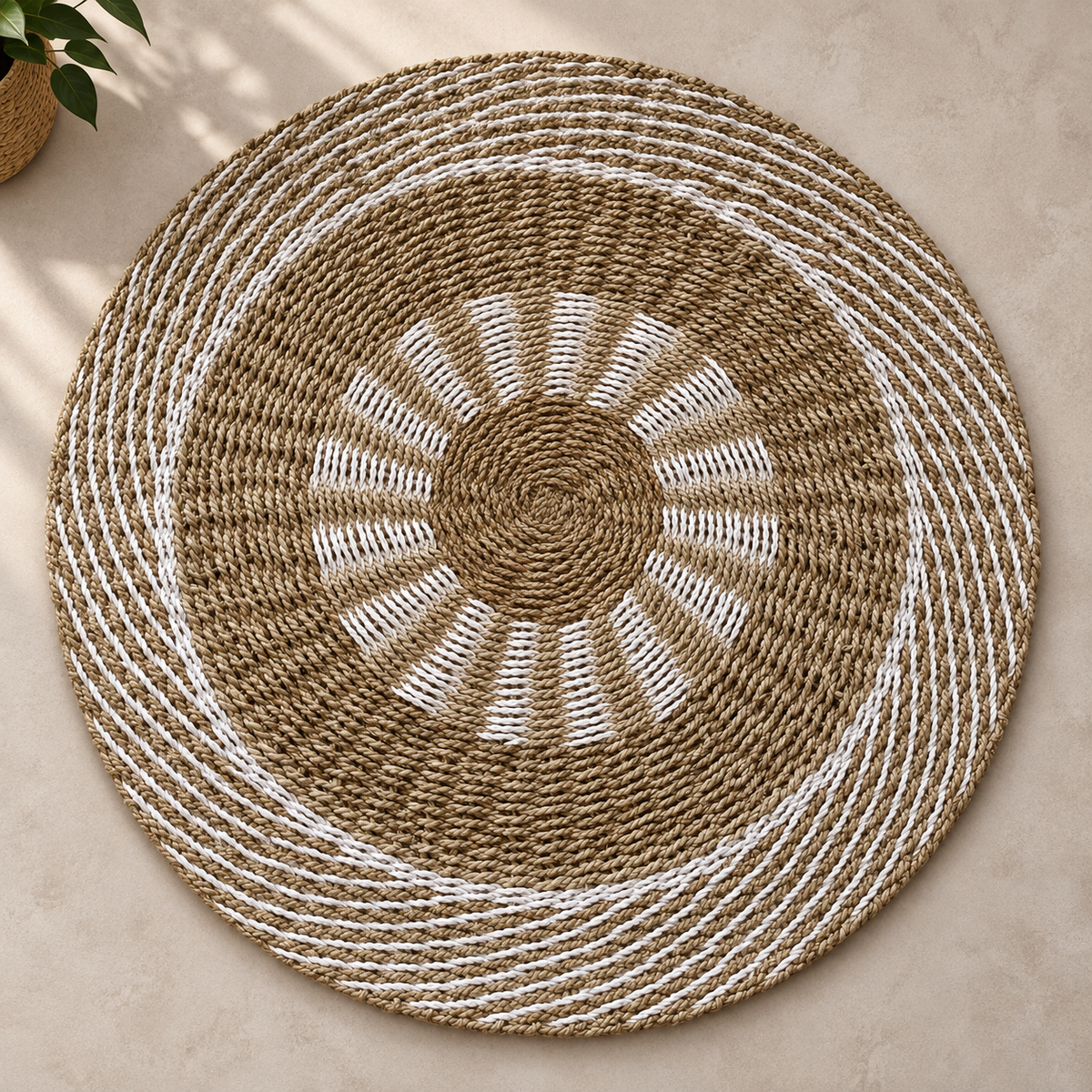 Tapis rond Soléa en jonc de mer naturel et écru, motif solaire tressé et diamètre 100 cm.