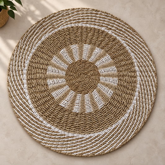 Tapis rond Soléa en jonc de mer naturel et écru, motif solaire tressé et diamètre 100 cm.