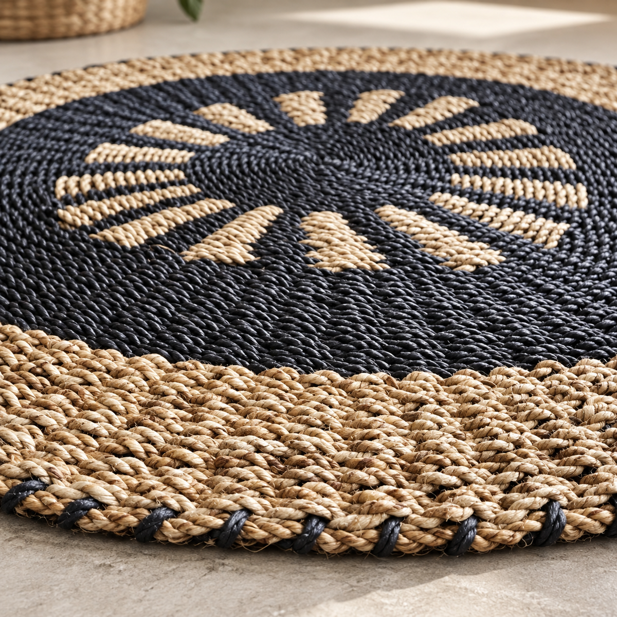 Gros plan sur le tressage en jonc de mer du tapis Soléa, avec contraste entre fibres naturelles et motif charbon.