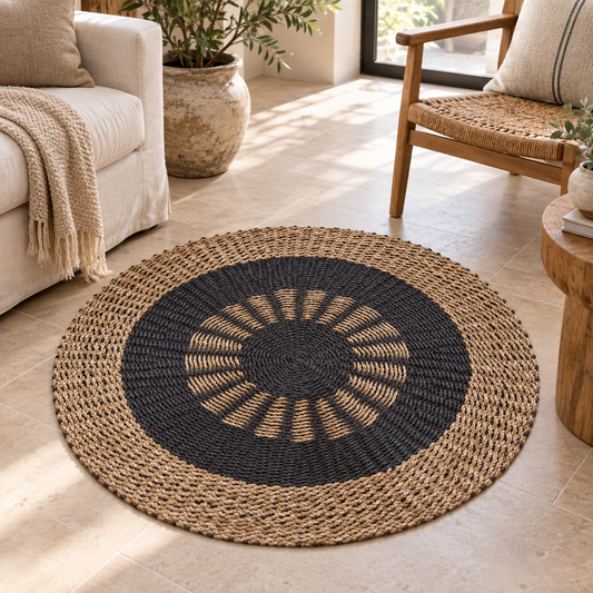 Tapis rond Soléa en jonc de mer charbon et naturel de 100 cm, mis en scène dans un intérieur chaleureux près d’un fauteuil.