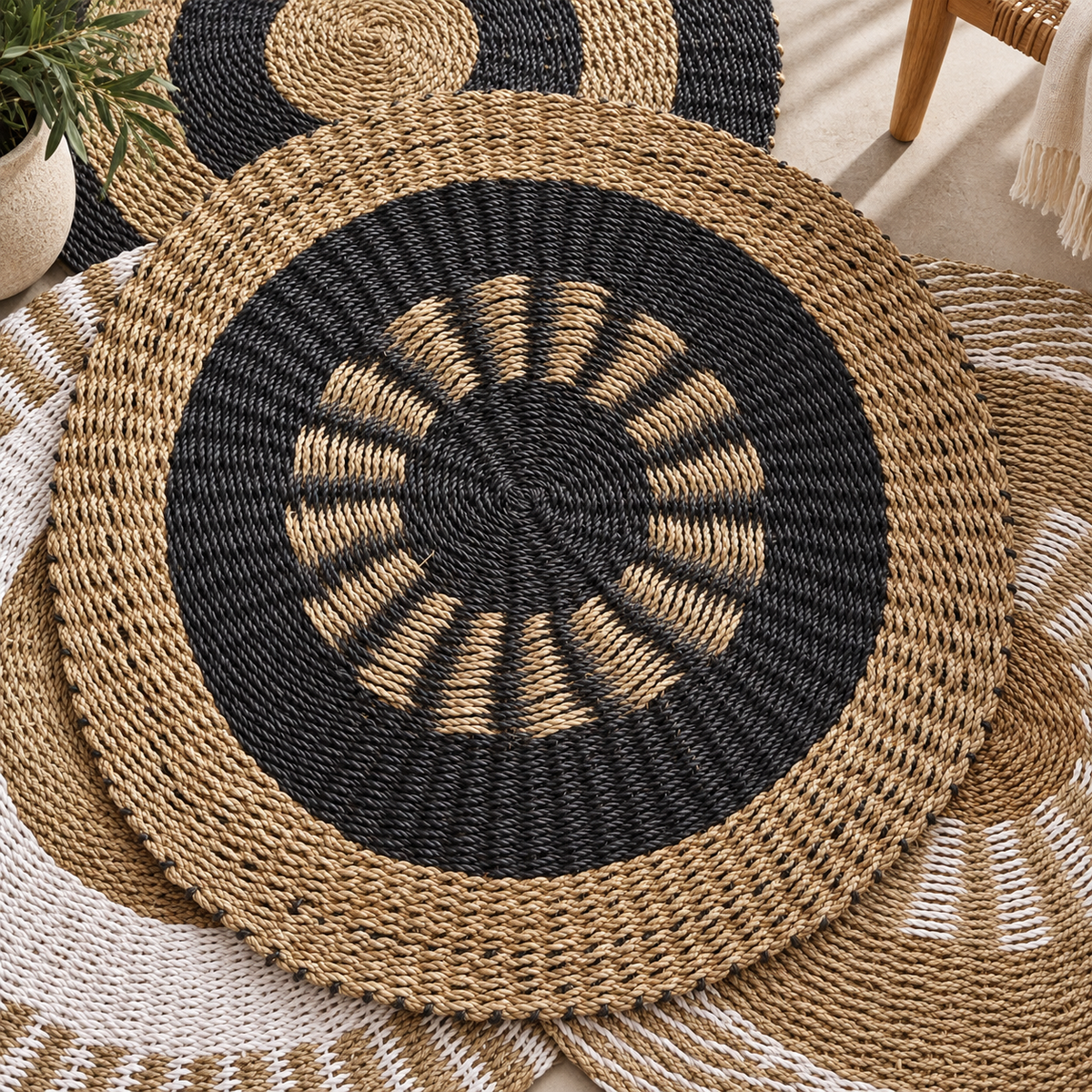 Tapis rond Soléa charbon et naturel présenté verticalement pour mettre en valeur son motif solaire et son tressage artisanal.