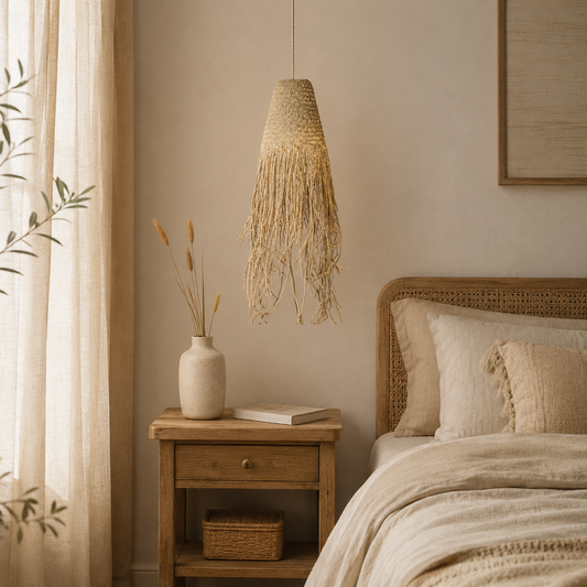 Abat-jour Sanaa en fibres naturelles tressées suspendu dans une chambre chaleureuse aux matières naturelles.