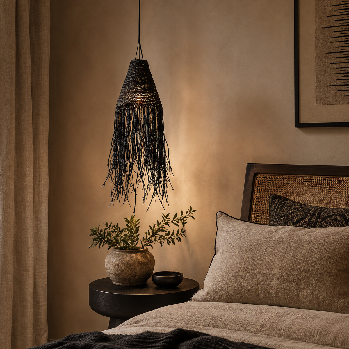 Abat-jour Sanaa en fibres végétales noires tressées mis en scène dans une chambre aux tons chaleureux.