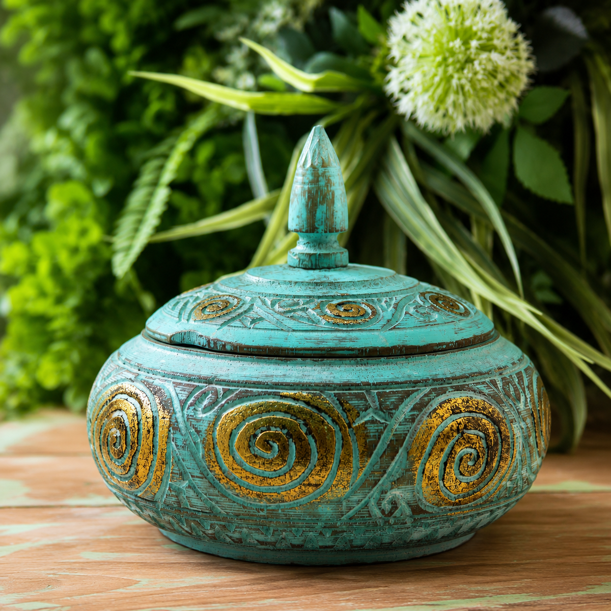 Boîte décorative Azura en turquoise patinée et dorée, photographiée en gros plan pour mettre en valeur ses motifs spiralés.