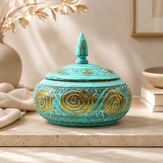 Boîte décorative Azura en finition turquoise patinée et dorée, présentée dans une ambiance douce et chaleureuse.