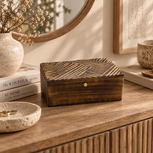 Boîte Veyra mise en scène dans un intérieur chaleureux aux matières naturelles et aux tons bruns.