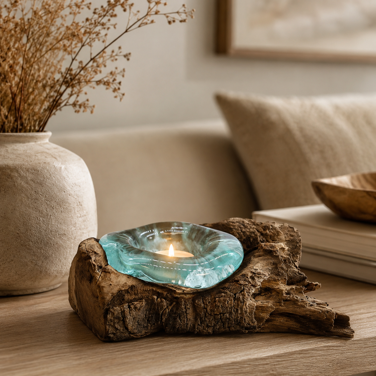 Bougeoir Soléa en verre soufflé bleu-vert et bois Gamal avec bougie allumée dans un intérieur chaleureux