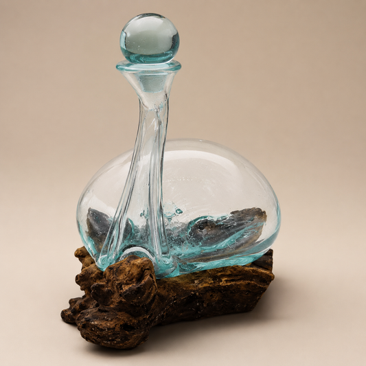 Carafe Elva cygne en verre soufflé avec bouchon sphérique et base en bois naturel