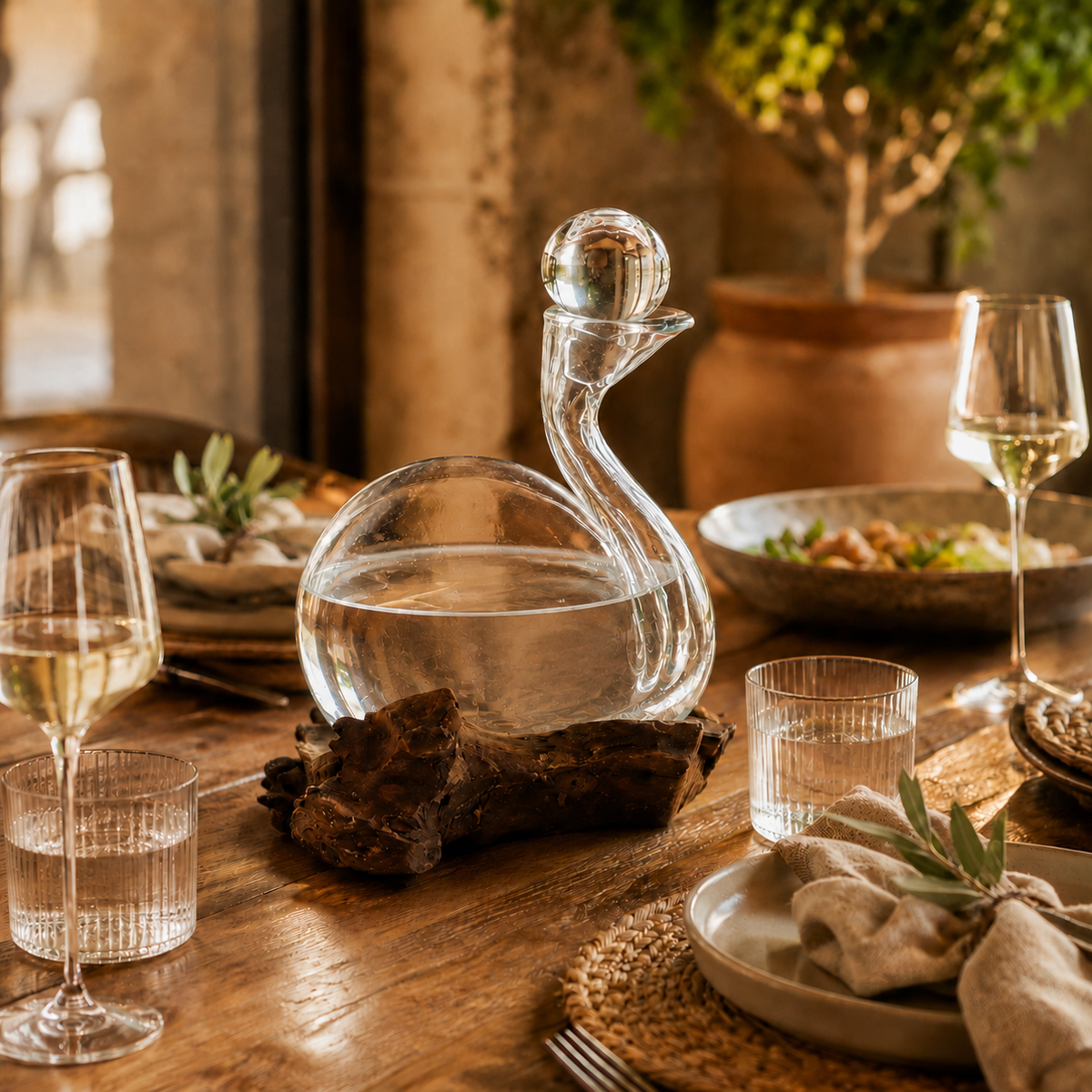 Carafe Elva en verre soufflé sur bois mise en scène sur une table chaleureuse