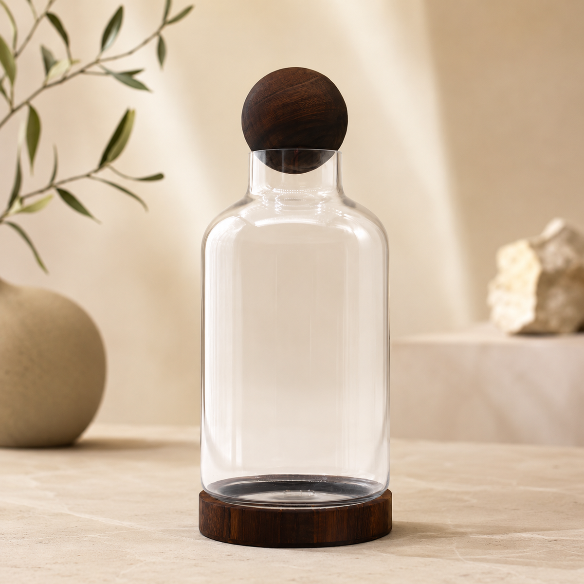Carafe Liora Élan en verre transparent avec bouchon et base en bois foncé dans un intérieur chaleureux