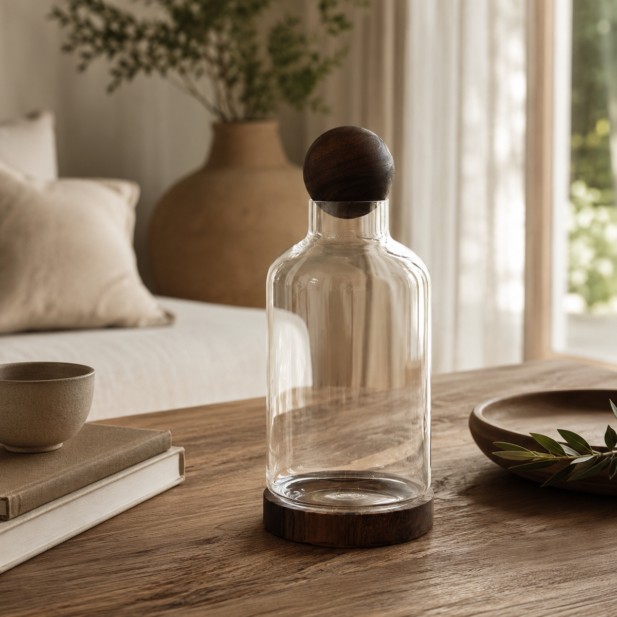 Carafe Liora Élan en verre et bois foncé mise en scène sur une table dans une décoration naturelle