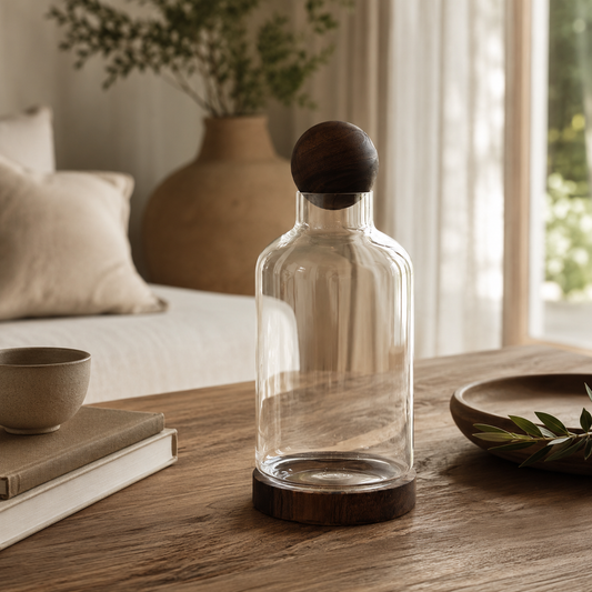 Carafe Liora Élan en verre et bois foncé mise en scène sur une table dans une décoration naturelle