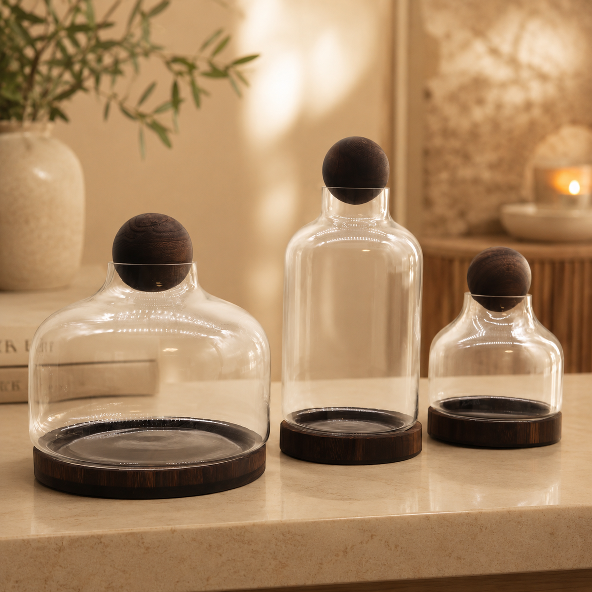 Composition de la série Liora en verre et bois foncé, réunissant plusieurs formats de carafes décoratives.