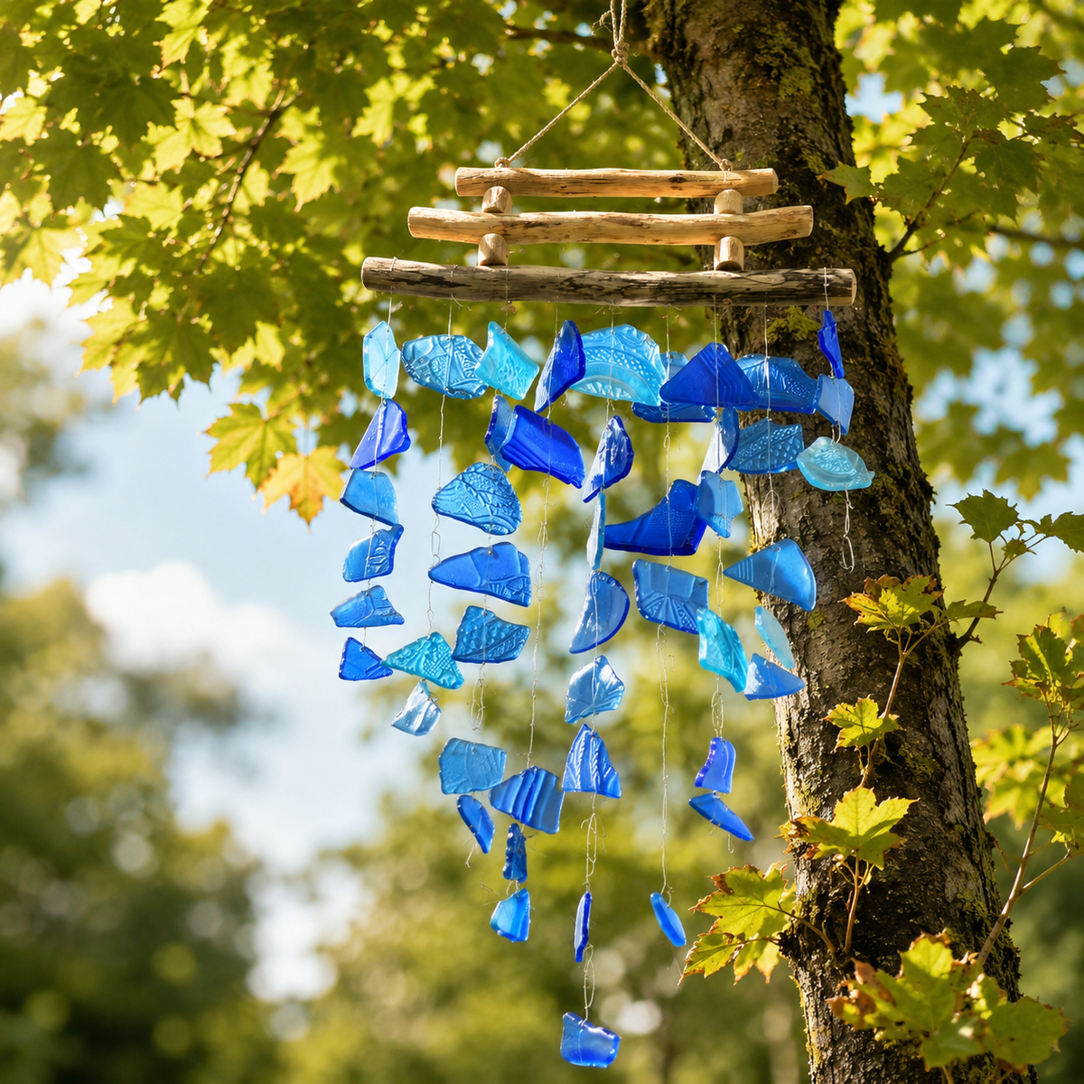 Carillon Azura en verre recyclé bleu suspendu à un arbre en extérieur.