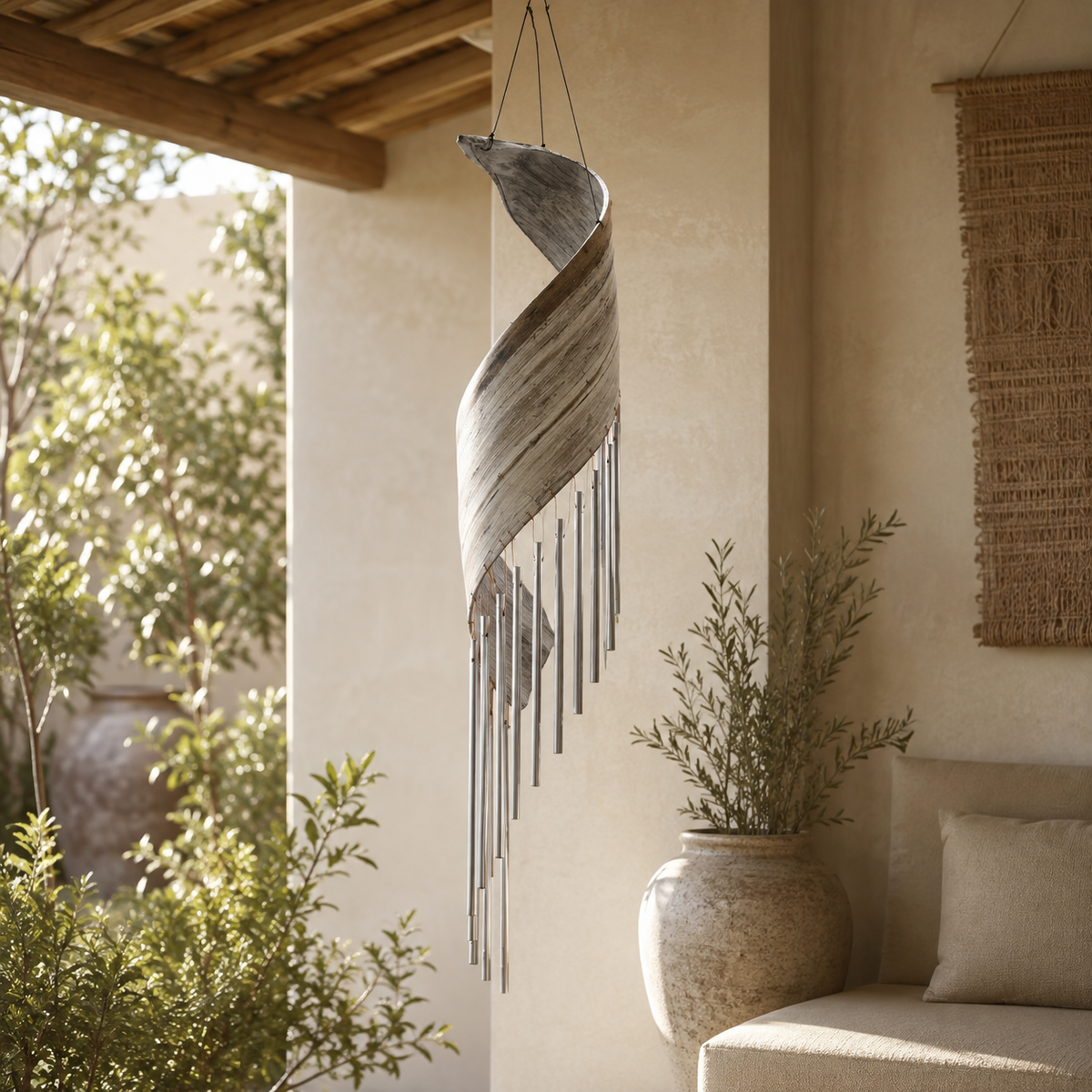 Carillon Malia suspendu dans un intérieur ouvert aux matières naturelles et à la lumière.