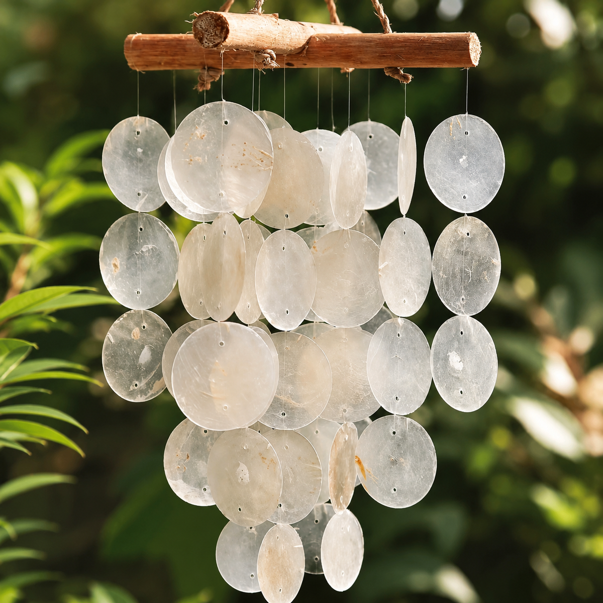 Carillon Perla en Capiz blanc et bois flotté suspendu dans un jardin verdoyant.
