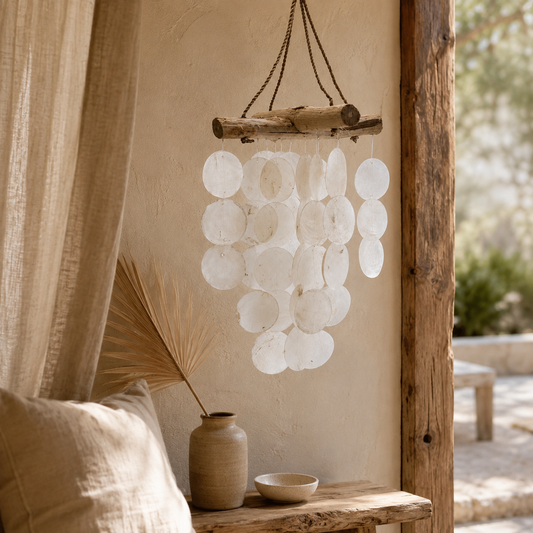 Carillon Perla en Capiz blanc et bois flotté suspendu dans un intérieur naturel et lumineux.