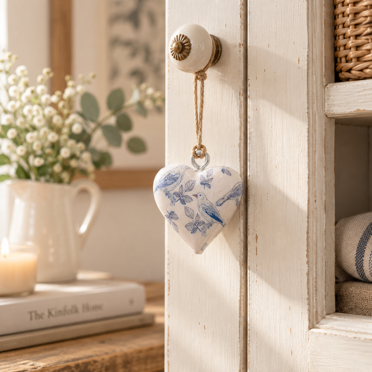 Cœur décoratif Elvane Oiseaux bleus suspendu à une poignée dans un intérieur doux