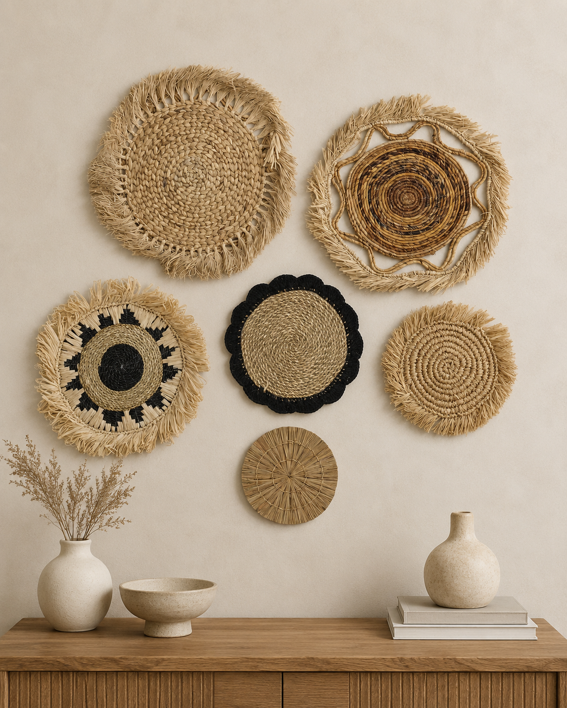 Composition murale Kribo de 6 décorations en fibres naturelles dans un intérieur chaleureux