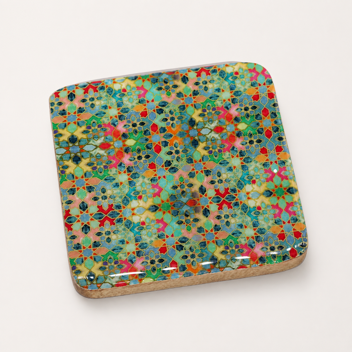 Dessous de verre carré Alméa en bois de manguier avec motif mosaïque turquoise et multicolore