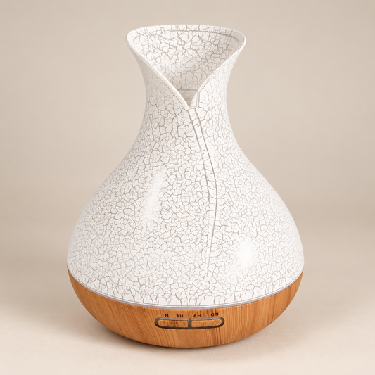 Diffuseur d’ambiance Caléa Palma blanc à effet craquelé avec base effet bois.