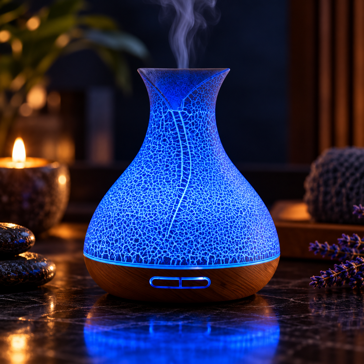 Diffuseur d’ambiance Caléa Palma éclairé en bleu grâce à son système LED.