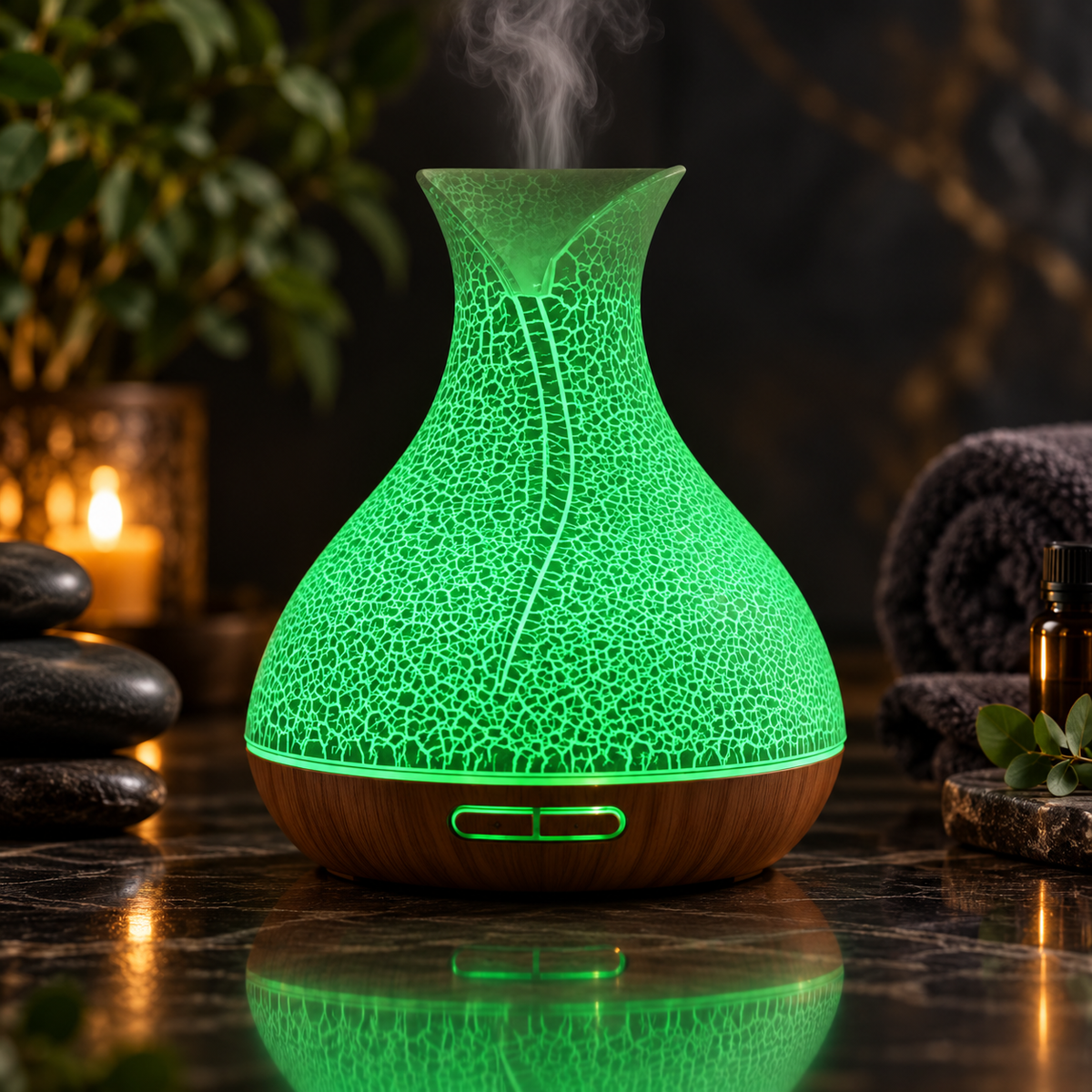 Diffuseur d’ambiance Caléa Palma éclairé en vert avec lumière LED.